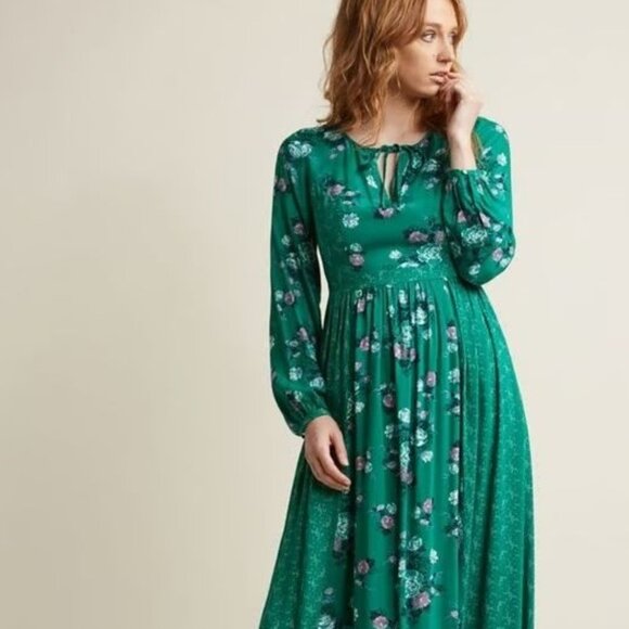 XS/SM ModCloth Green Floral Stars Cottagecore Maxi Dress Anthropologie Bohemian - Picture 2 of 11